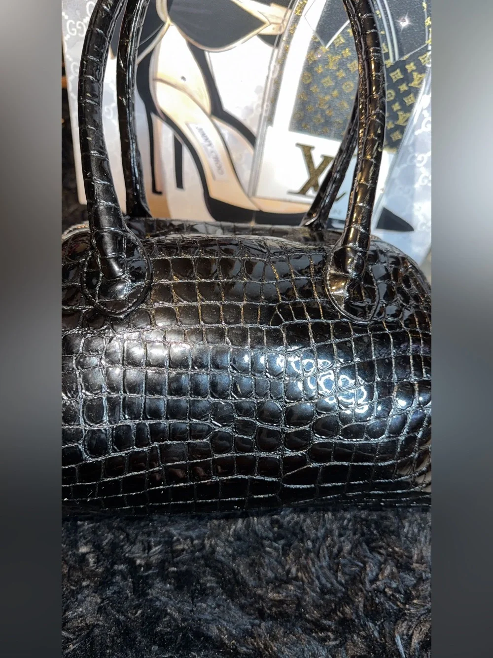 MCM Black Croc-Embossed Leather Satchel with Gold Logo Plaque